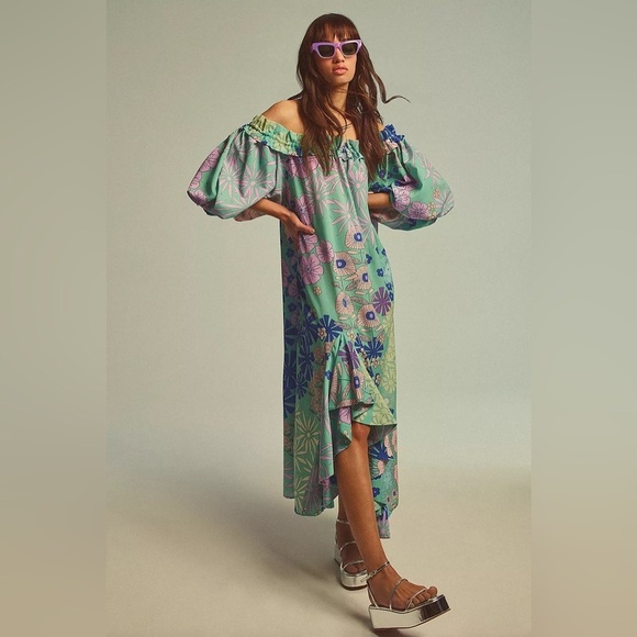 Anthropologie Oopscool Off-The-Shoulder Printed Dress Medium - Picture 1 of 9